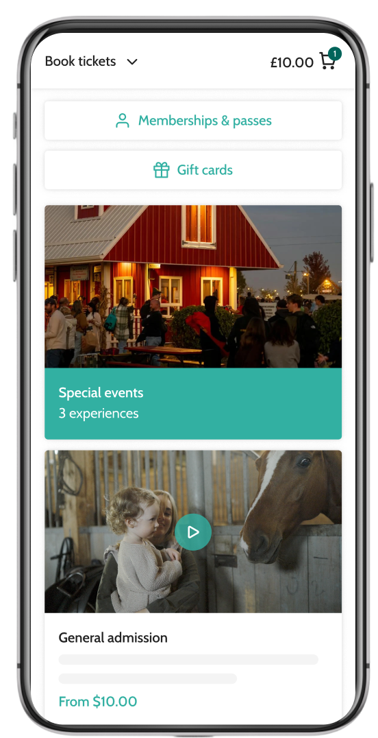 Beyonk's farm attraction ticketing system on mobile. Memberships, gift cards and sessions can be bought here.